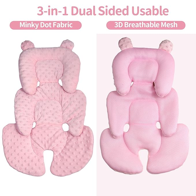 3in1 Reversible Carseat Head Body Support Newborn,3D Minnky Infant Car Seat Insert,Extra Soft Breathable Baby Car Seat Pillow Cushion Boys Girls,fit Stroller,Bouncer,Swing(Pink)-BubblyBeeBaby