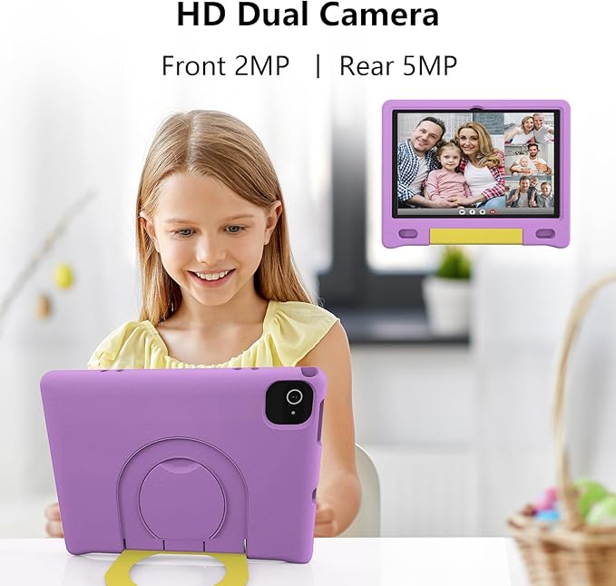 JREN Kids Table 10.1" ｜Android 14 Tablet for Kids｜64GB Storage｜Octa-Core｜WiFi ｜Cameras｜Parental Control｜Kids Content｜Case Included Great Gift for Children Ages 3-12 Years Old Purple-BubblyBeeBaby