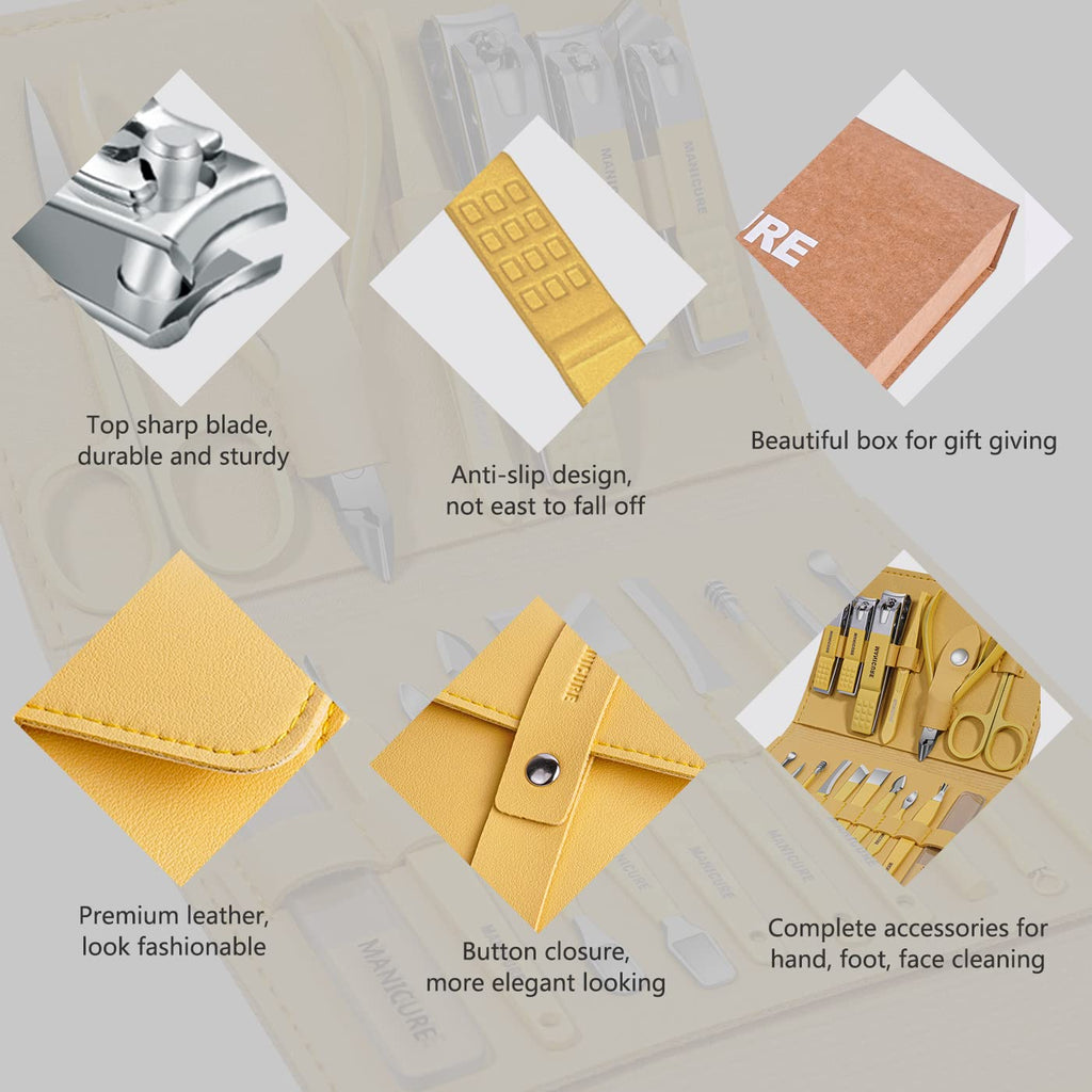 Manicure Set Professional Nail Clippers Pedicure Kit, 16 pcs Stainless Steel Nail Care Tools Grooming Kit with Luxurious Travel Leather Case for Thick Nails Men Women Gift (Yellow)