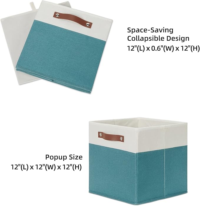 HNZIGE Storage Cubes Bins for Organization Set of 4, Fabric Storage Cube 12 x12, Collapsible Storage Bins Basket Cube with Handles, Canvas for Organizing Shelf Home Nursery(Teal White)-BubblyBeeBaby