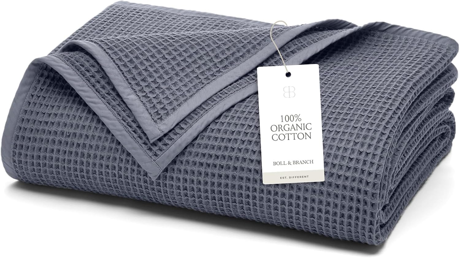 BOLL & BRANCH Waffle Bed Blanket - King/Cal King, Mineral - Luxury 100% Organic Cotton - Soft, Lightweight and Breathable - Textured Waffle Weave