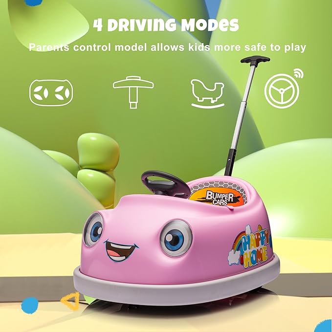 12V Dual Battery Electric Ride on Kids Bumper Car w/Remote Control,360 Degree Spin,Push Rod Rocker Horse Function,3-Speeds Babies & Toddlers Bumping Car Ride on Toy Gift for 1-4 Years Children (Pink)-BubblyBeeBaby
