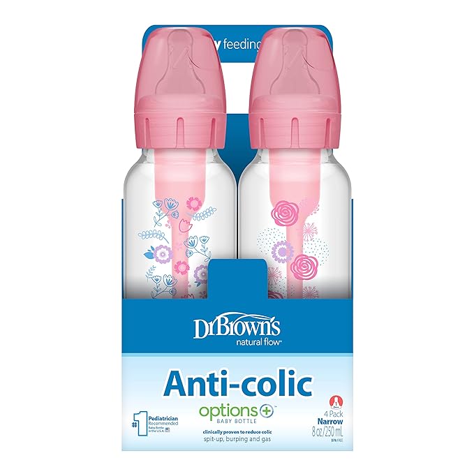 Dr. Brown's Natural Flow Anti-Colic Options+ Narrow Baby Bottle, Pink Floral, 8 oz/250 mL, with Level 1 Slow Flow Nipples, 0m+, 4 Pack-BubblyBeeBaby