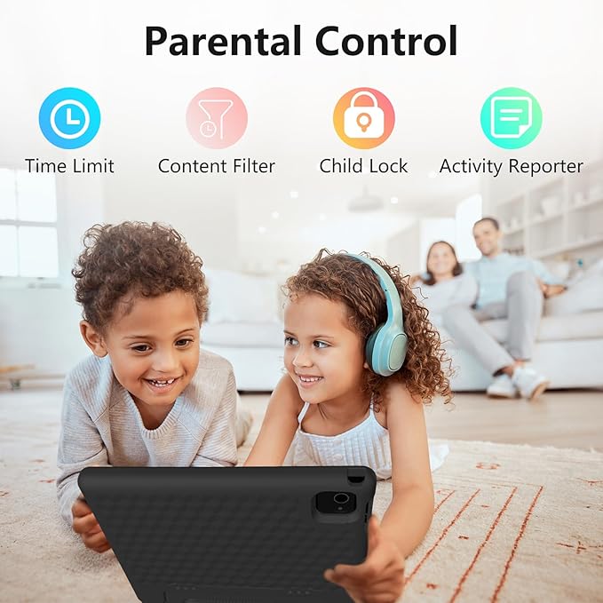 JREN Tablet for Kids｜10 Inch Kids Tablet Android 14｜Octa-core｜64GB｜WiFi ｜Bluetooth｜Parental Control｜Children Content｜Children Toddler Black-BubblyBeeBaby