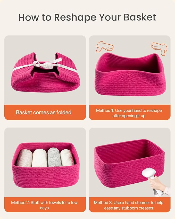 KALLAX Small Woven Basket, 13.5 x 9.5 x 5 Inches, Storage Basket for Organizing, Cute Small Rope Shelf Closet Cube Storage Bins Baskets for Shelves, Dog Toy Gift Baskets Empty, 3 Packs, Hot Pink-BubblyBeeBaby