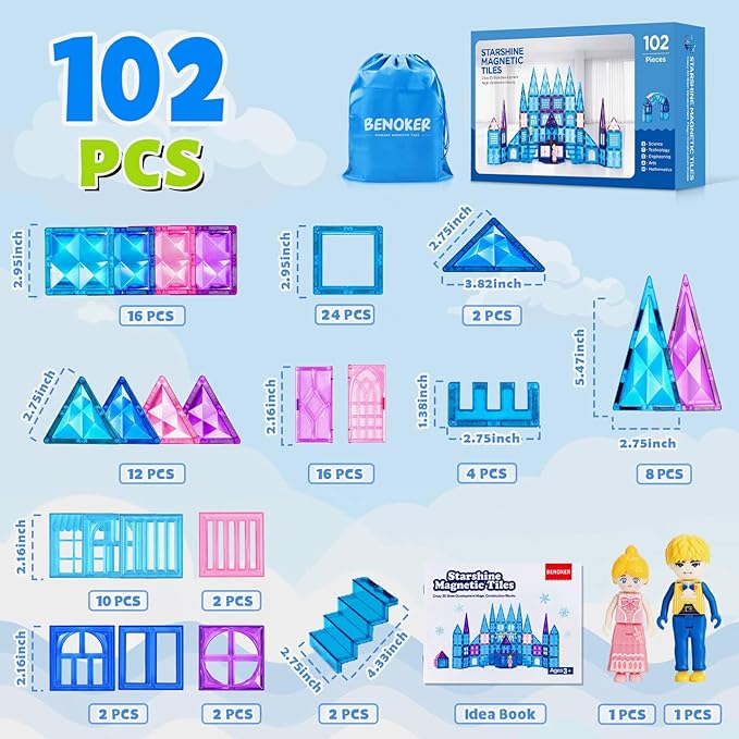 102PCS Ice Castle Magnetic Tiles, 3D Building Blocks STEM Educational Kids Toys for Pretend Play, 3 4 5 6 7 8 Year Old Birthday Gifts for Boys and Girls, Preschool Learning Toys for Birthday-BubblyBeeBaby