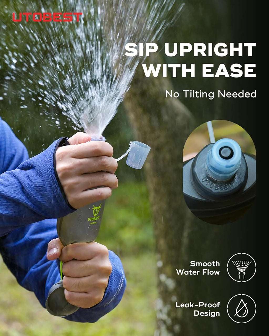 UTOBEST 500ml Soft Flask, 2 Pack Flexible TPU Hydration Water Bottle, Collapsible with 28mm Caliber for Running, Hiking, Cycling, Climbing, and Marathon Green