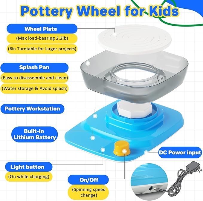 Innofans Pottery Wheel for Kids - Complete Pottery Kit & Tools for Beginners, Plug-in Rechargeable Battery, Upgraded Detachable Turntable Adjustable Speed, DIY Clay Maker for Kids 9-12 (Patented)-BubblyBeeBaby
