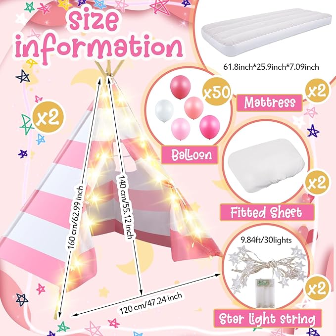 2 Pack Kids Teepee Tent with Mattress,Fitted Sheet,Light String,Washable Natural Cotton Toddler Play Tent for Girls Boys Indoor Outdoor Sleepover Slumber Birthday Party(Pink and White)-BubblyBeeBaby
