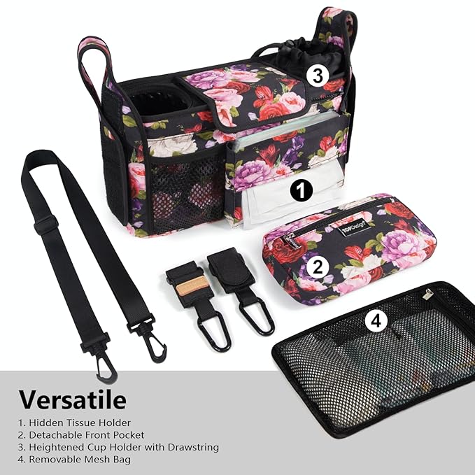 TOPDesign Universal Baby Stroller Organizer, Stroller Caddy with Detachable Mesh Bag & Heightened Insulated Cup Holders & Non-Slip Secure Hooks Accessories, Fits Most Strollers (Ranunculus)-BubblyBeeBaby