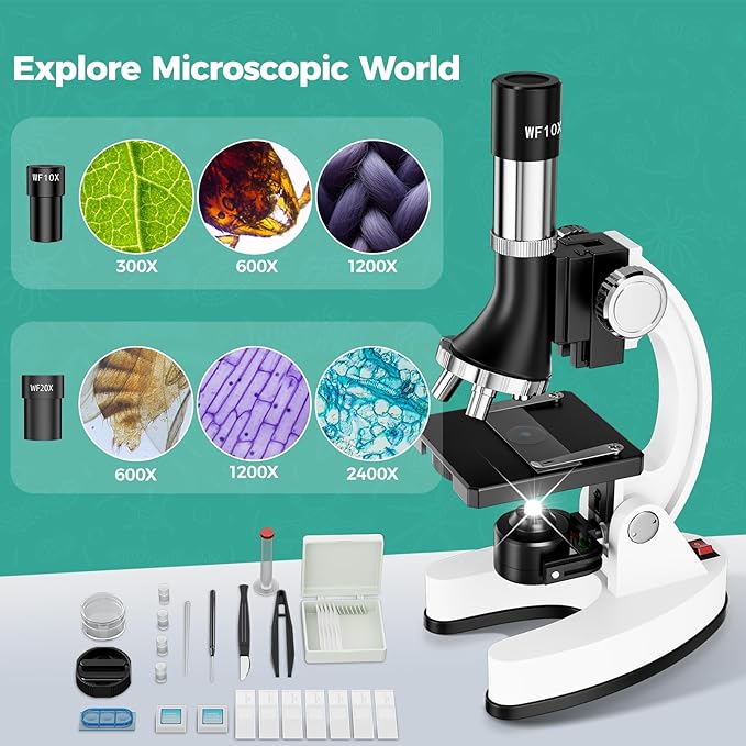 2400X Kids Microscope Science Kit - Handheld Microscope for Kids with Prepared Slides Metal Body LED Light Carrying Box Educational Compound Toy Set for Children Ages 8-12 5 Year Old Boys & Girls Gift-BubblyBeeBaby