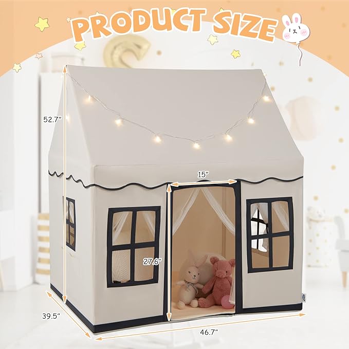 INFANS Kids Play Tent with Washable Mat Star Light Windows, Anti-Trip Large Playhouse Toys for Children Boys Girls, Indoor Outdoor Princess Tents Castle for Toddlers (Black)-BubblyBeeBaby