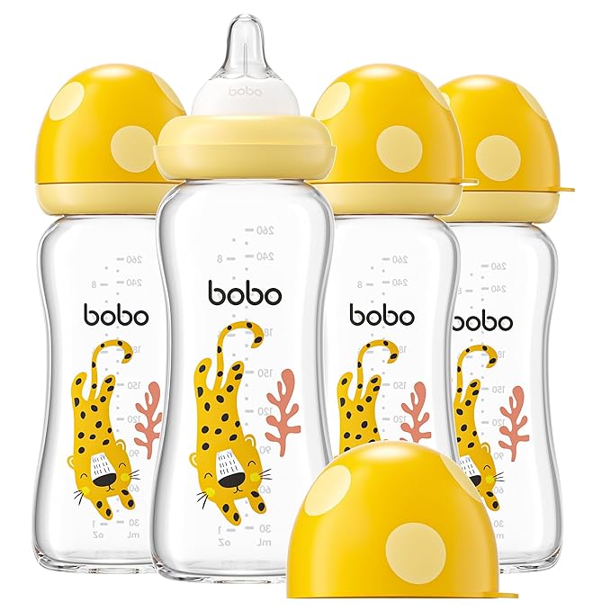 YOHKOH Natural Glass Baby Bottle with Natural Response Nipple, Newborn Anti-Colic Baby Bottles, Wide Neck Mushroom Cap Baby Bottle, Clear (8.8ounce (Pack of 4), Yellow2)-BubblyBeeBaby