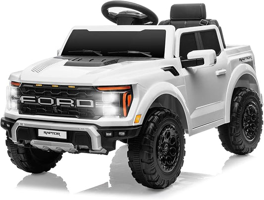 12V Ride on Car Licensed Ford F-150 Raptor, Kids Electric Car with Remote Control, LED Light/Music/MP3, Truck Bed Storage, 3-Point Seat Belt (12V, White)-BubblyBeeBaby