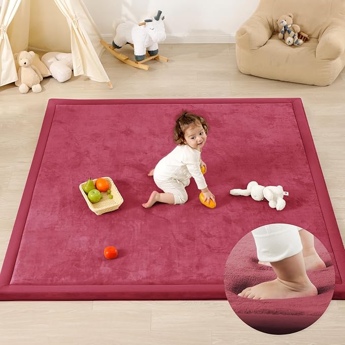 1.3" Thick Baby Play Mat for Floor, 39x59 Foam Tummy Time Mat, Padded Support Soft Plush Nursery Rug for Infant Kids Toddler Crawling Kick Activity (Burgundy)-BubblyBeeBaby