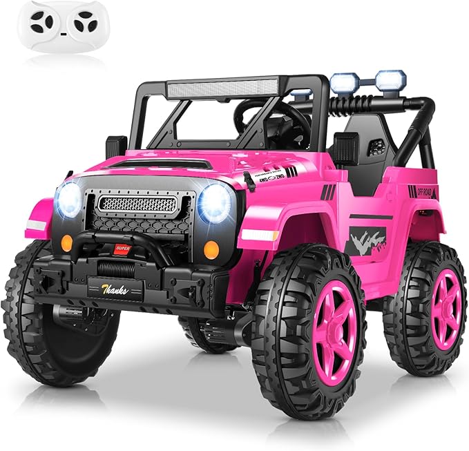 Hikole 24V 2 Seater Ride on Cars for Kids - Remote Control, 20" Spacious Seat, 4WD/2WD Switchable Electric Car with LED Lights, Bluetooth, 3 Speeds, Ride on Toys for Kids 3-8, Hot Pink-BubblyBeeBaby