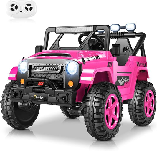 Hikole 24V 2 Seater Ride on Cars for Kids - Remote Control, 20" Spacious Seat, 4WD/2WD Switchable Electric Car with LED Lights, Bluetooth, 3 Speeds, Ride on Toys for Kids 3-8, Hot Pink-BubblyBeeBaby