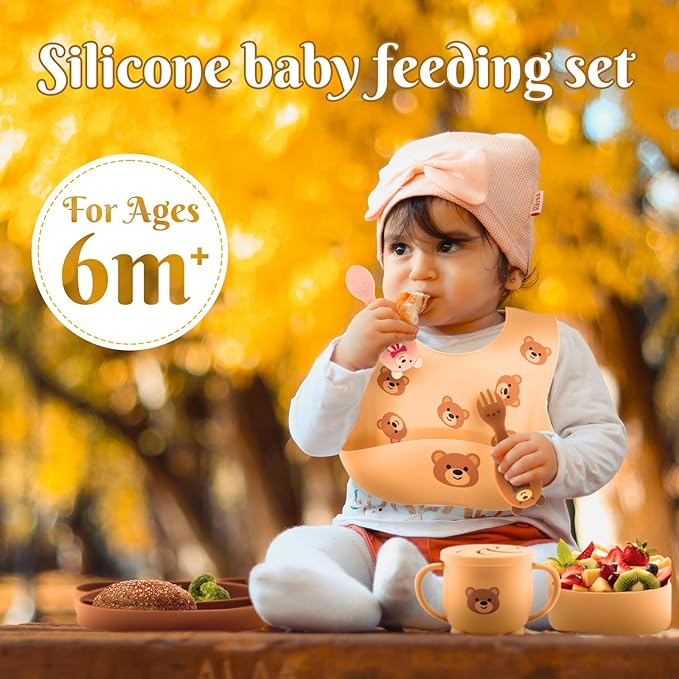 Silicone Baby Feeding Set 7 Pcs, Baby Led Weaning Supplies, Baby Feeding Supplies Set BPA Free, Baby Essentials for Newborn Gift Bear-BubblyBeeBaby
