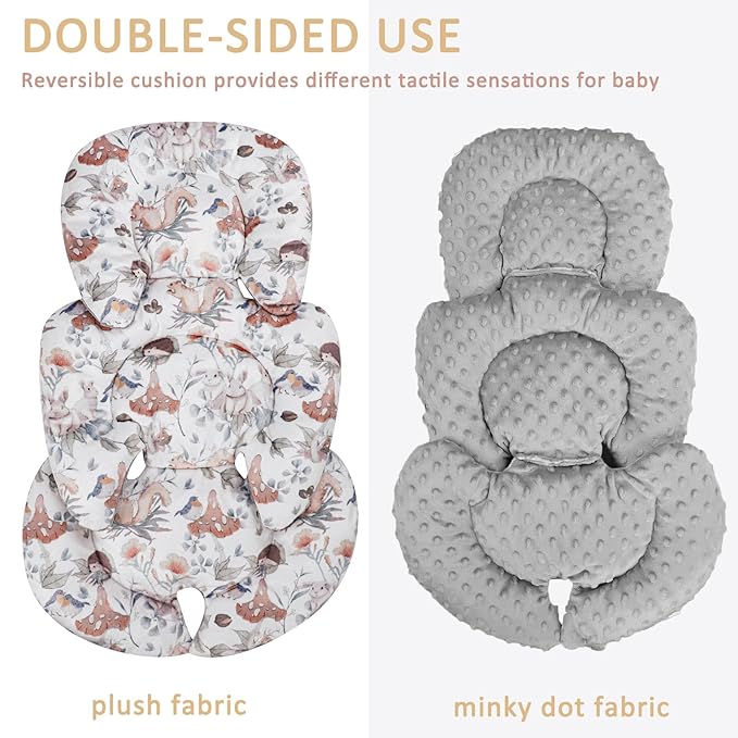 Infant Car Seat Insert, Car Seat Head Support Baby Girls Boys, Soft & Reversible Newborn Carseat Insert Cushion with 2 Strap Covers, for Stroller, Swing, Bouncer (Gray Animals)-BubblyBeeBaby