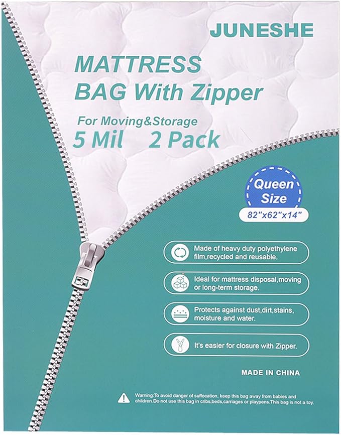 2 Pack Queen Mattress Bags for Moving and Storage-5 Mil Zipper Plastic Waterproof Mattress Storage Bags-BubblyBeeBaby
