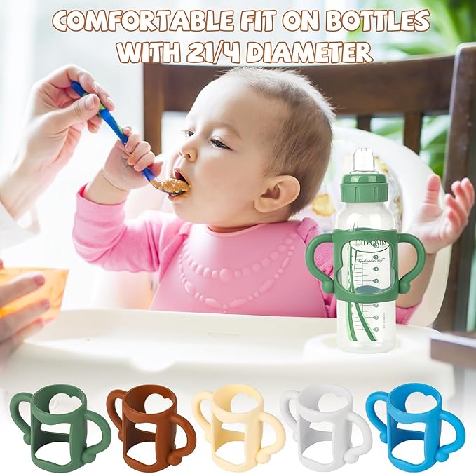 Bottle Handles for Dr. Brown's Narrow Baby, Wide-Neck, Removable Easy-Grip Transitional Sippy Cup Handles, 100% Silicone-BPA-Free Material, 4m+ (White, Green, Blue)-BubblyBeeBaby