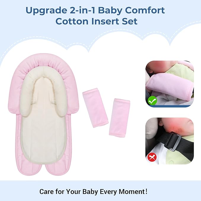 COOLBEBE New Babybody Support & Strap Covers Set for Newborn Infant Toddler- Extra Soft Stroller Cushion Pads Car Seat Insert, Perfect for Carseats, Strollers, Swings, Pink-BubblyBeeBaby