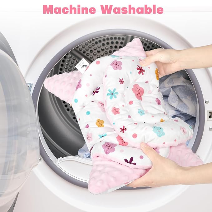 Infant Car Seat Insert with 3 Strap Covers, 3 in 1 Reversible Floral Baby Car Seat Head Support for Newborn, Baby Girl Newborn Essentials for Preemie to Infant, Stroller, Swing, Bouncer (Pink)-BubblyBeeBaby