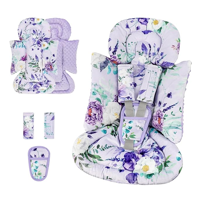 Infant Car Seat Insert and Strap Covers, Very Soft Car Seat Head Support Baby Girl Boy, Reversible Newborn Carseat Insert Cushion Fits for Stroller, Baby Swing, Bouncer (Purple Floral)-BubblyBeeBaby