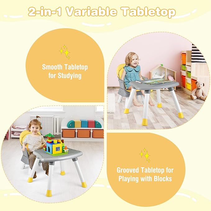 HONEY JOY 8 in 1 Baby High Chair, Convertible Highchair for Babies and Toddlers/Table and Chair Set/Building Block Table/Booster Seat/Stool/Toddler Chair with Safety Harness(Yellow)-BubblyBeeBaby