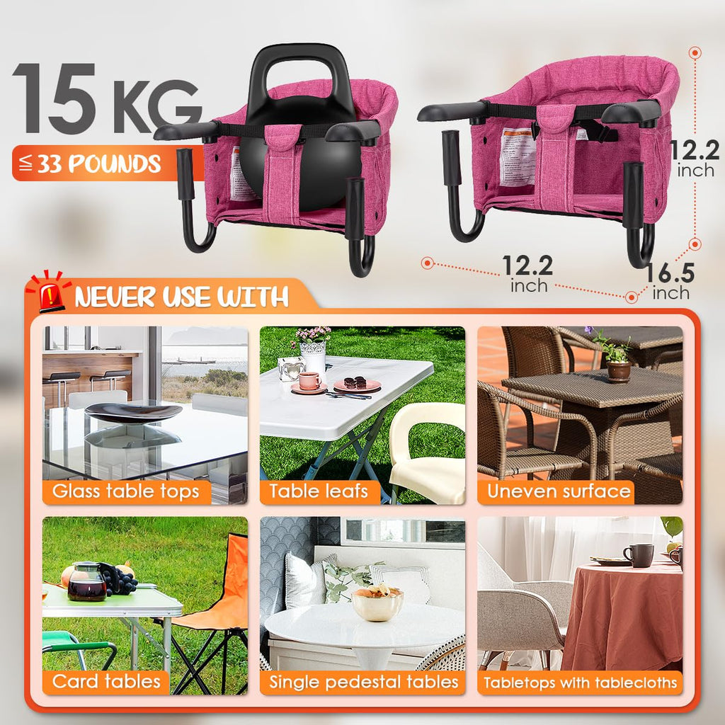Hook On Chair with Removable Dining Tray,Portable Hook-On Chairs with Storage Bag,for Home and Travel(Rose Red)