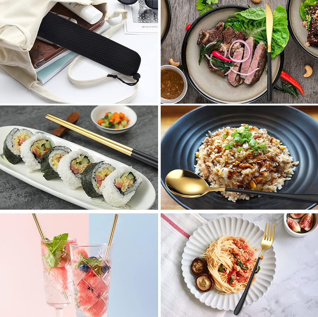 AARAINBOW 6 Pieces 18/8 Stainless Steel Flatware Set Portable Reusable Cutlery Set Travel Utensils Set Including Chopsticks Knife Fork Spoon Straws Cleaning Brush Dishwasher Safe (Black golden)