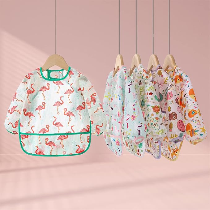 5 Pack Long Sleeve Bib,Baby Toddler Waterproof Sleeved Bib for 6-30 Months Reusable with Catch-all Pocket-BubblyBeeBaby