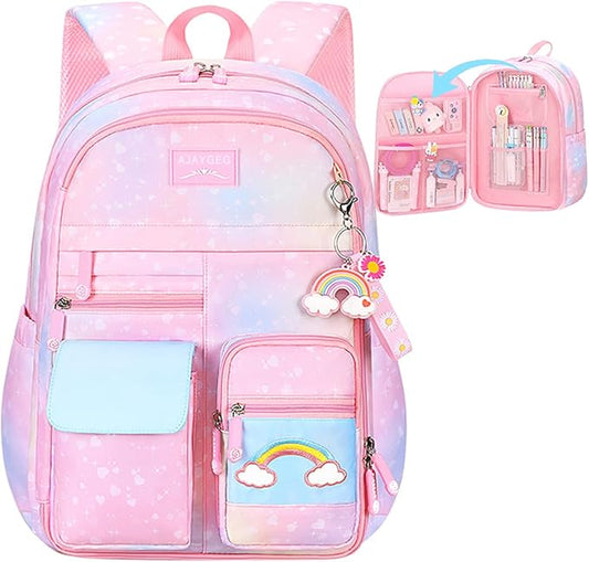 Kawaii Backpack, Pink Backpack for Girls, Kid Starry Rainbow Bookbag, Cute Backpack for Kids, Aesthetic Backpack, Pink-BubblyBeeBaby