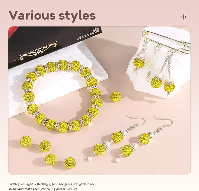 200pcs 10mm Rhinestone Beads for Jewelry Making, Yellow Shiny Round Disco Ball Beads Bulk, Sparkle Crystal Clay Christmas for Bracelet Baseball Necklace Earring Crafting and DIY-BubblyBeeBaby
