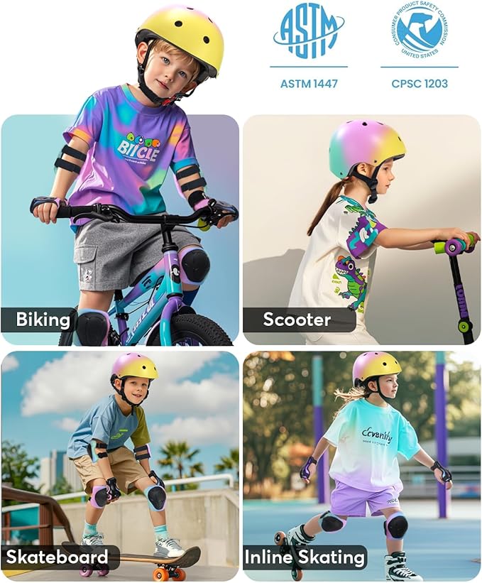 Kids Bike Helmet and Pads Set for Ages 2–14, CPSC Certified Adjustable Helmet with Knee Elbow Wrist Guards, for Skateboard, Scooter, Skating, Rollerblading, Multi-Sport Protective Gear-BubblyBeeBaby