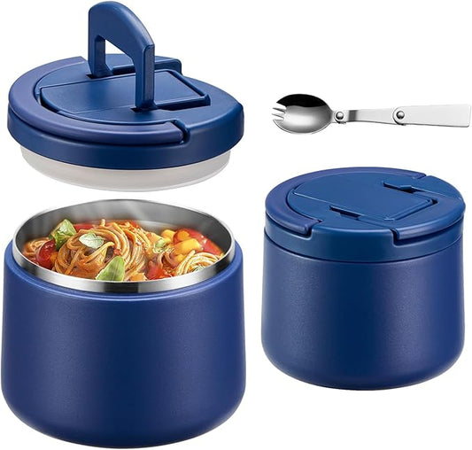 14oz Insulated Vacuum Food Jar with Buckle Lid,Soup Thermo for Hot Food Kids,Wide Mouth Leakproof Stainless Steel Lunch Container with Spoon-Blue-BubblyBeeBaby