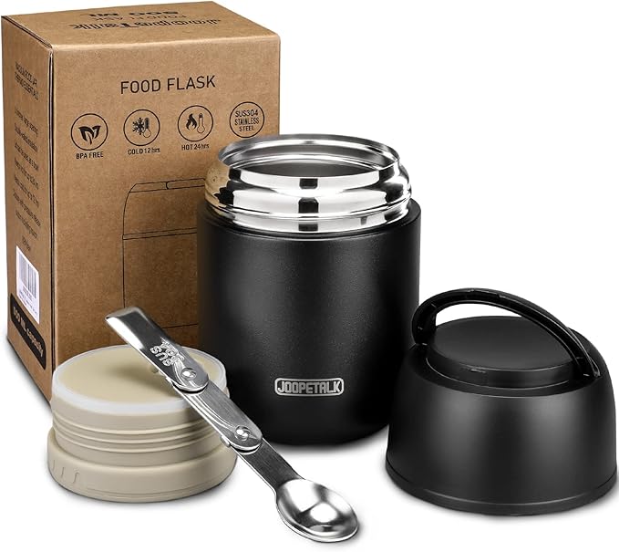 17 oz Insulated Lunch Containers, Black, Vacuum Stainless Steel Thermo Lunch Box with Handle and Folding Spoon for School, Office, Travel-BubblyBeeBaby