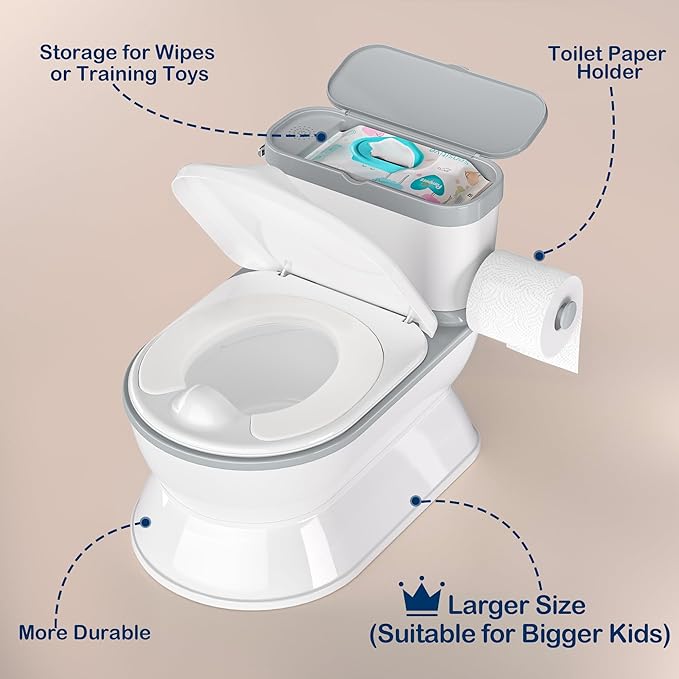 2-in-1 Toddler Potty Training Toilet - Larger Potty Chair & Detachable Training Seat for Boys & Girls Ages 1-3 with Flushing Sound, Wipes Storage, Toilet Paper Holder - Grey-BubblyBeeBaby