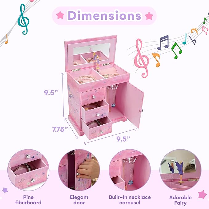 Jewelkeeper Jewelry Box - Jewelry Box for Girls with Ballerina Music Box - 3 Spacious Drawers, Necklace Carousel, Soft Pink Lining and Flowers Design - Sugar Plum Fairy Tune - 9.5 x 7.75 x 9.5 in-BubblyBeeBaby