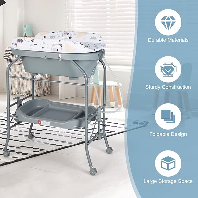 HONEY JOY Baby Changing Table with Bathtub, Foldable Infant Diaper Changing Station with Wheels, Storage Tray, Waterproof Pad, Portable Newborn Nursery Organizer Bath Stand for Boys Girls (Gray)-BubblyBeeBaby