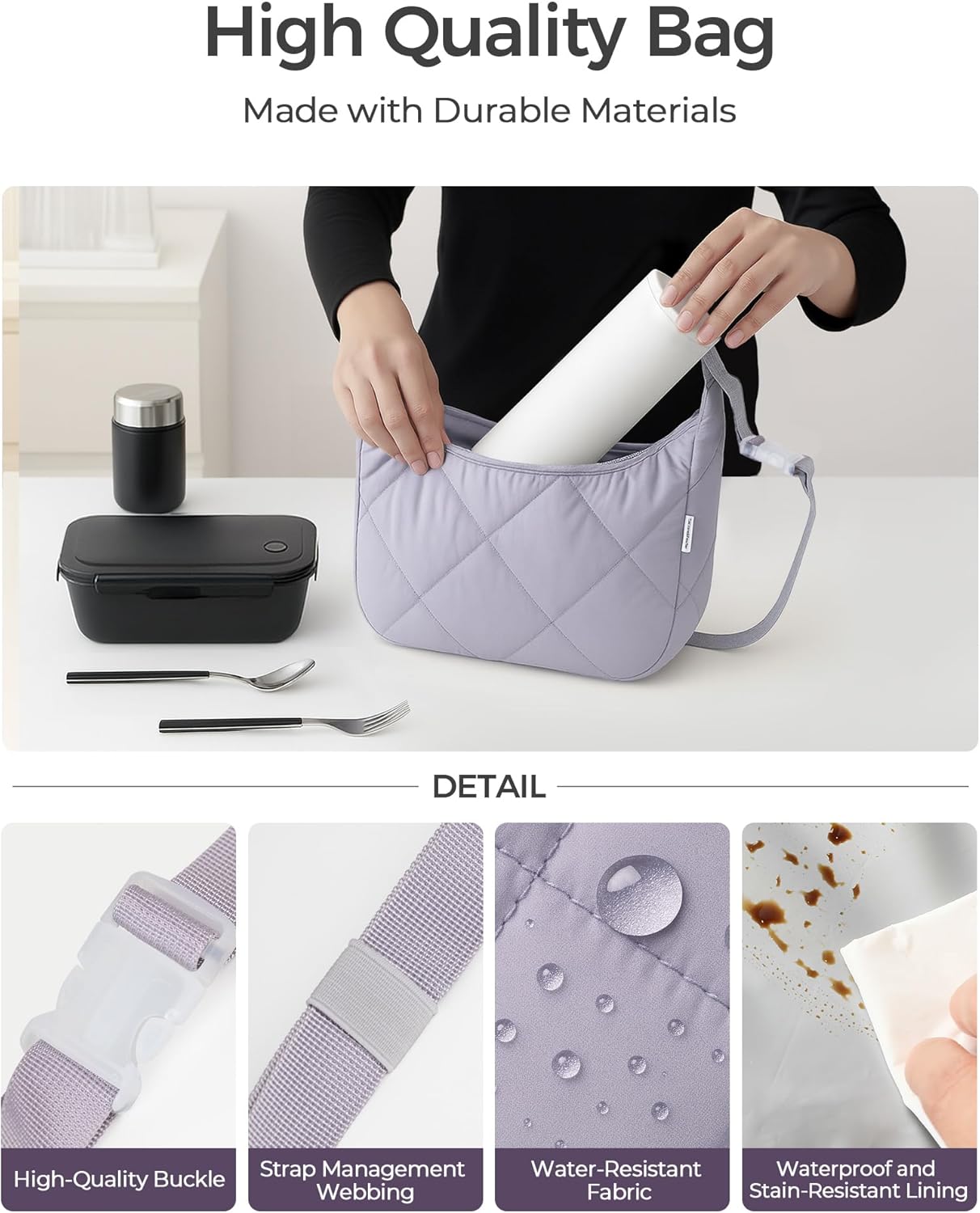 Insulated Lunch Bag for Women, Quilted Reusable Lunch Box with Adjustable Strap, Waterproof Cute Puffy Bento Tote, Stylish Cooler Bag for Work, Picnic or Travel, Light Purple