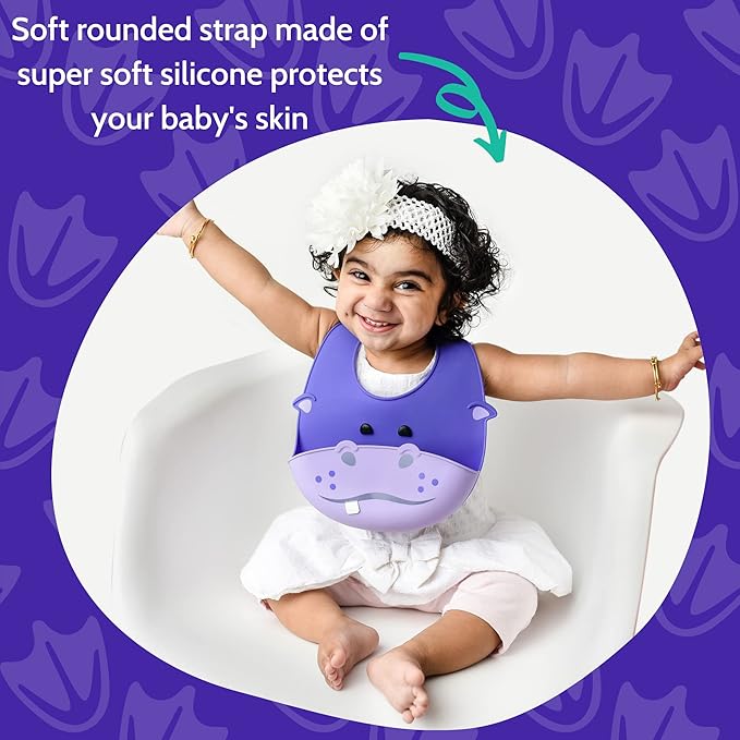Silly Goose Silicone Animal Baby Bibs for Babies and Toddlers, Waterproof, Adjustable, Soft, Extra Wide Food Catcher Pocket (Baby Hippo)-BubblyBeeBaby