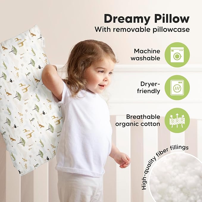 KeaBabies Toddler Pillow with Pillowcase, Jumbo 14X20 - Soft Organic Cotton Toddler Pillows for Sleeping - Machine Washable - Perfect for Travel, Toddler Bed Set (Grasslands)-BubblyBeeBaby