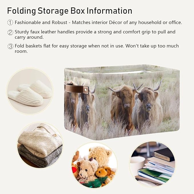 Highland Cows Storage Basket Cube Storage Bins Organizer Bag Collapsible Closet Shelf Baskets with handle for Baby Cloth Pet Toy Book 14.2×10.2×8.3 IN-BubblyBeeBaby