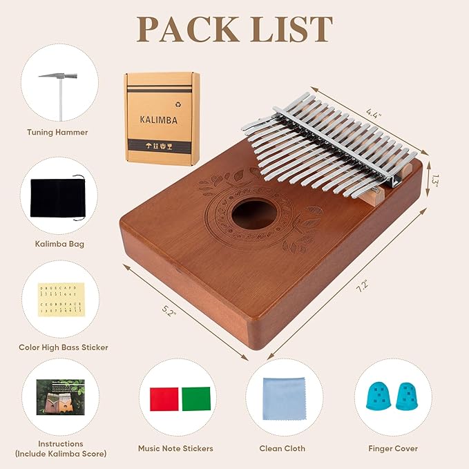 Kalimba Thumb Piano 17 Keys Instrument: Portable Mbira Finger Pianos Musical Gifts for Kids Adults Beginners - Mahogany Wood Handheld Piano with Tune Hammer, Music Book-BubblyBeeBaby
