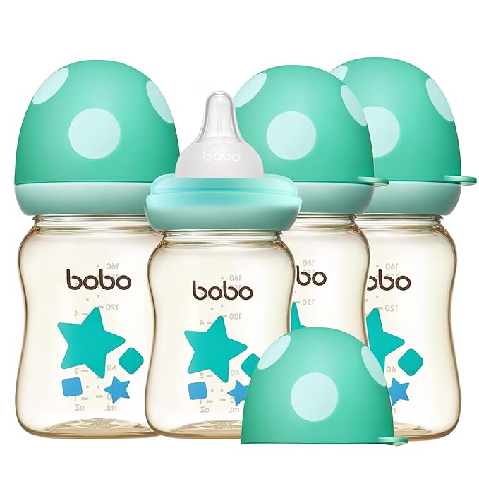 YOHKOH PPSU Baby Bottle Wide Neck, Newborn Anti-Colic Baby Bottle with Natural Response Nipple, Streamlined Body, Easy to Clean (5.4oz (Pack of 4), Blue)-BubblyBeeBaby