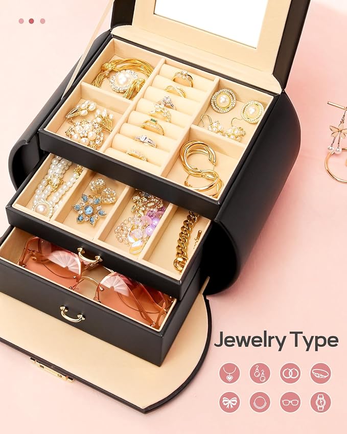 Homde Girls Jewelry Box Jewelry Storage Case Organizer with Mirror for Rings, Earrings, Bracelets, Necklaces (Black + Gold)-BubblyBeeBaby