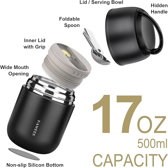 Insulated Food Container 17 oz Soup Thermo for Hot Food Kids Adults, Stainless Steel Vacuum Lunch Box with Folding Spoon, Adult Kids Thermo Portable with Handle for School, Office, Outdoor-BubblyBeeBaby
