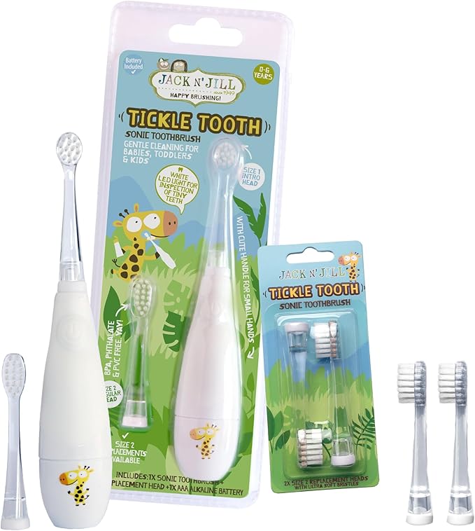Jack N' Jill Tickle Tooth Toddler Electric Toothbrush with Replacement Head - Gentle Cleaning, Made for Tiny Teeth, LED Inspection Light, for Babies & Kids, Extra Soft Bristles - (1 Pack)-BubblyBeeBaby