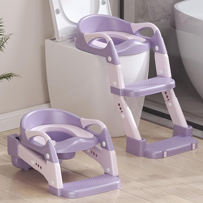 2-in-1 Toddler Potty Training Toilet Seat with Step Stool Ladder – Adjustable Height Potty Chair Urinal for Baby Boys Girls Age 1-3, Foldable Training Potty with Splash Guard & Anti-Slip Feet, Purple-BubblyBeeBaby